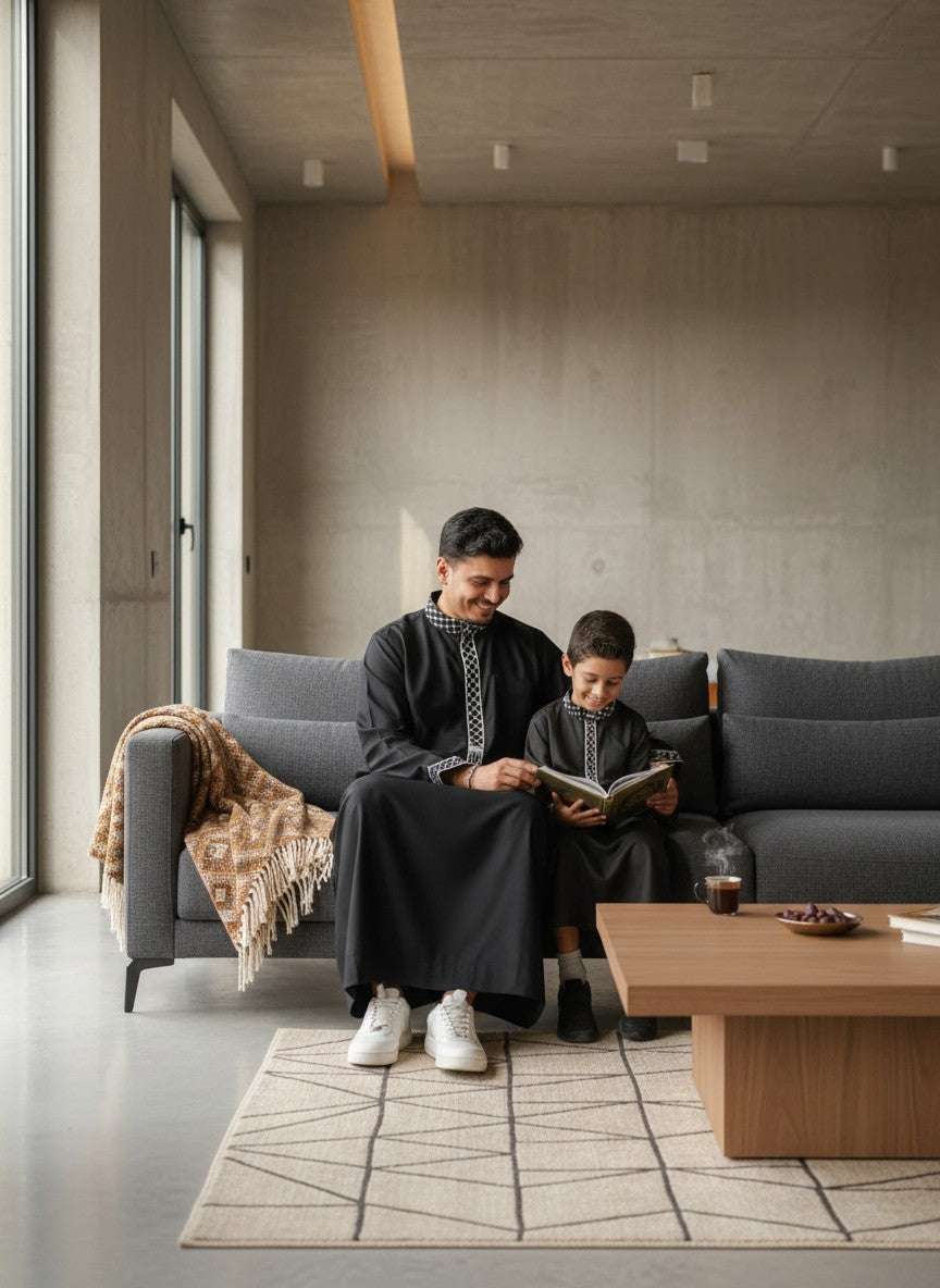 Black Palestine Kufiya thobe for men and boys, showing the length and sleeve line