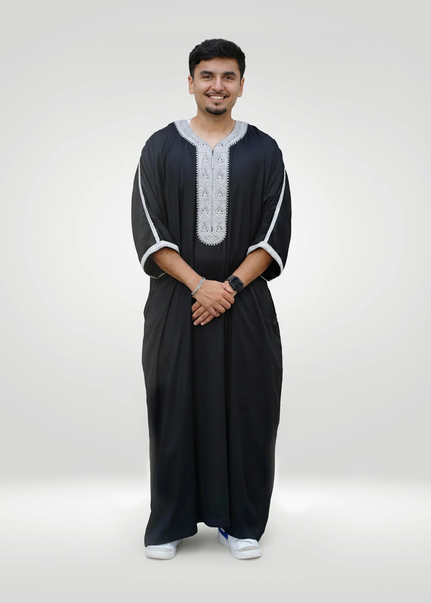 Front view of the Black & Silver Moroccan Thobe showing the sleek color and relaxed fit