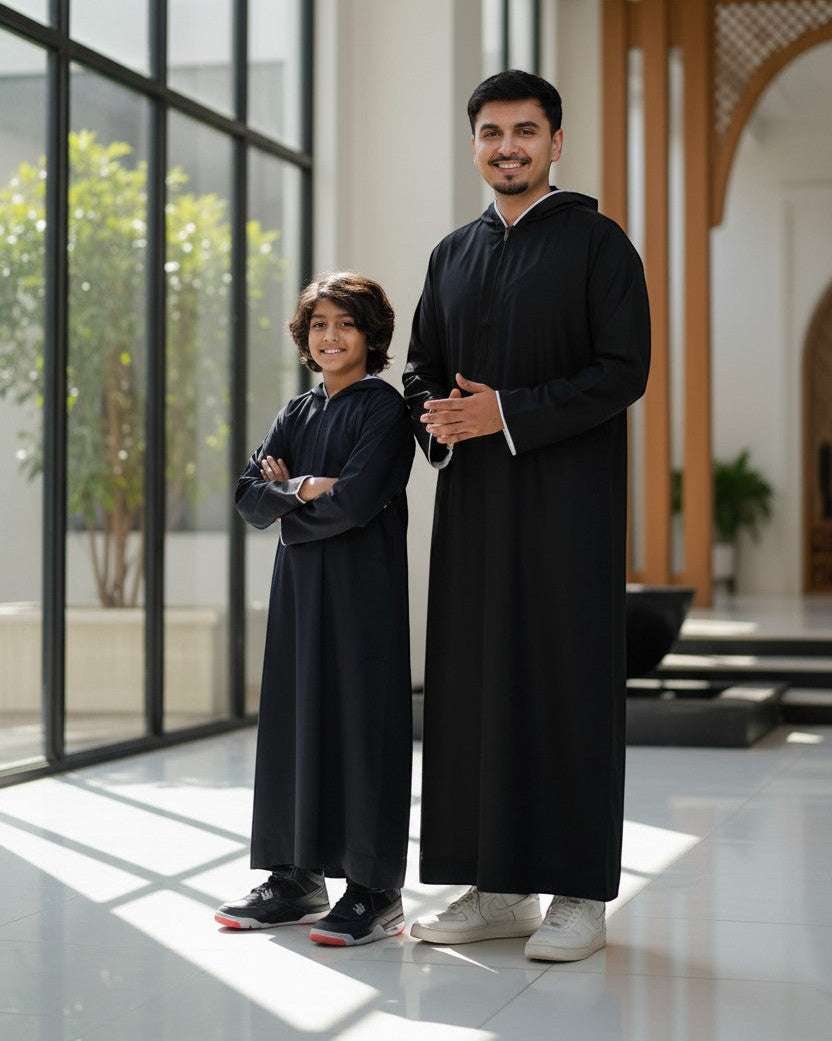 Black sporty hoodie thobe for men and boys, father and son matching set