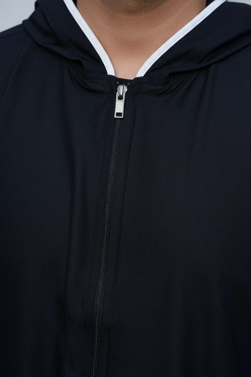 Black sporty hoodie thobe for men and boys, hood and drawstring in detail