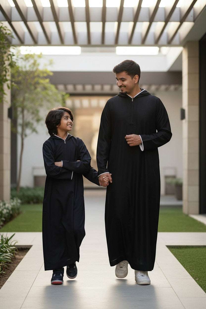 Black sporty hoodie thobe for men and boys, showing the length and sleeve line