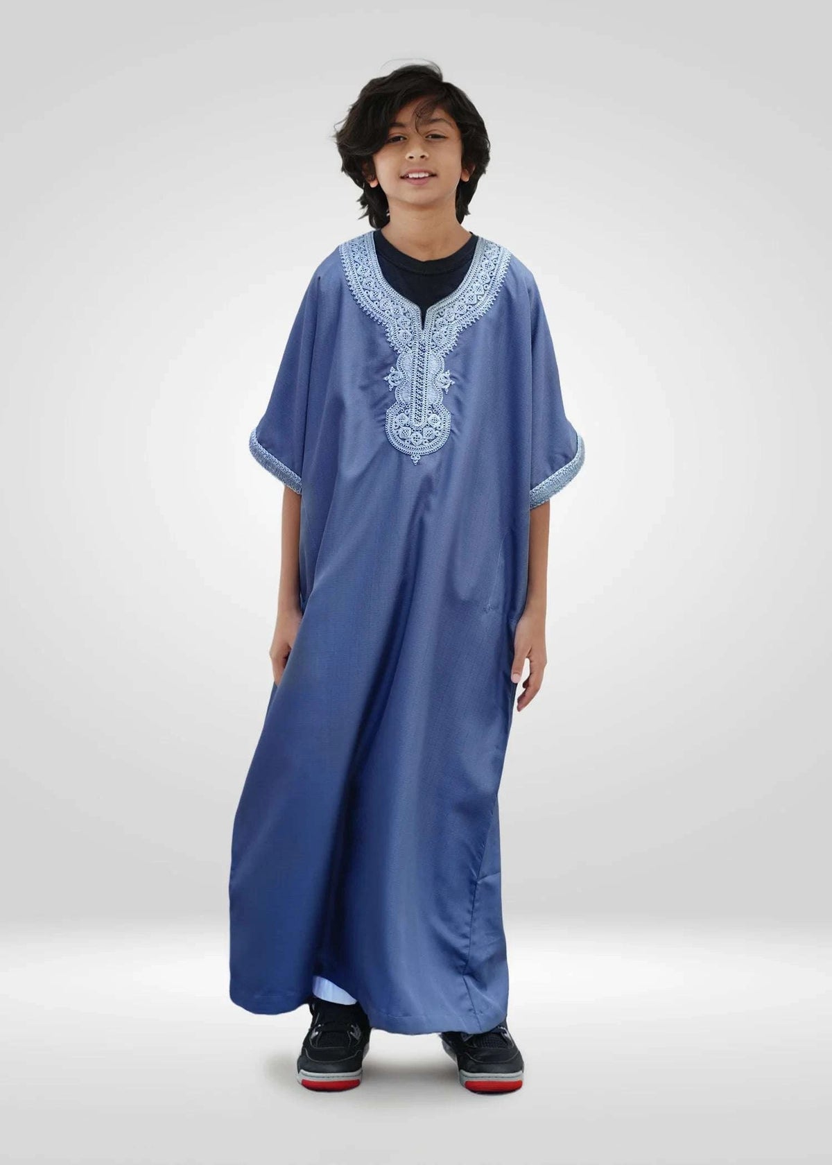 Blue Moroccan thobe for boys, full front view