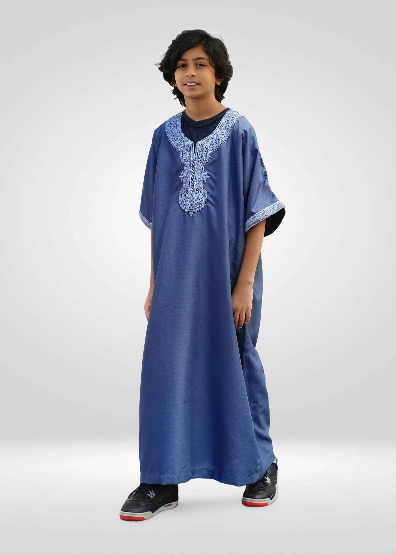 Blue Moroccan thobe for boys, shown from the front