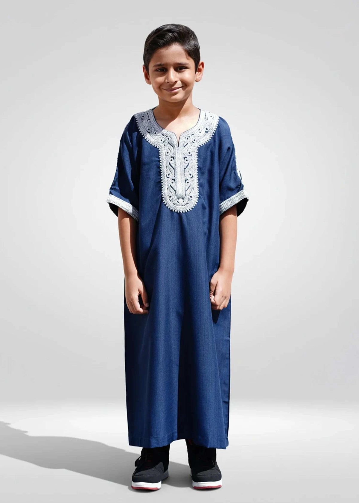 Blue Moroccan thobe with silver embroidery for boys, full front view