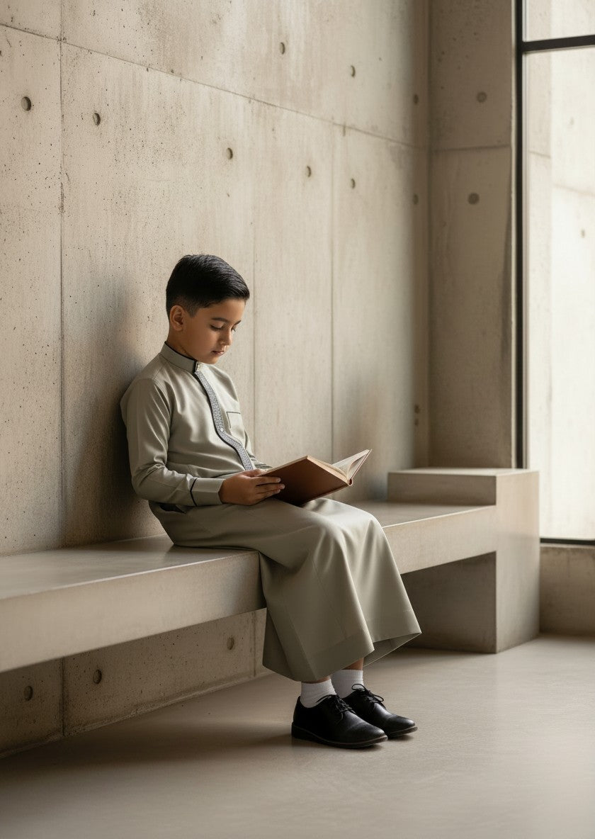 Confident boy walking outdoors in a modern architectural setting, dressed in a sleek light grey jubba featuring black piping details. High-end Islamic kids apparel and contemporary Sunnah style for boys.