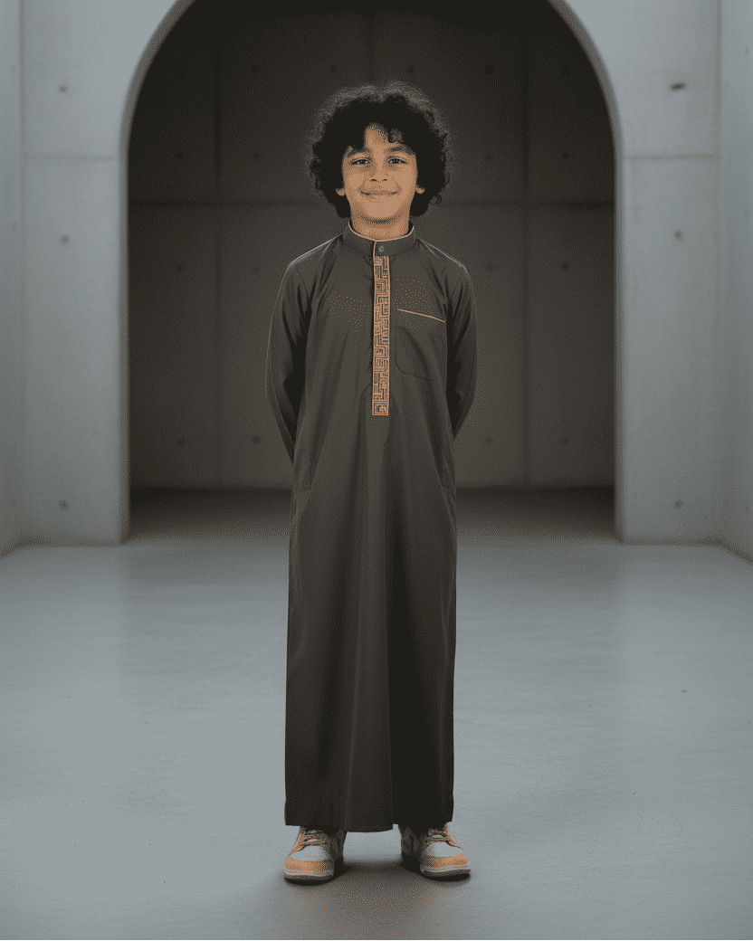 Boys olive green embroidered thobe - collar detail view