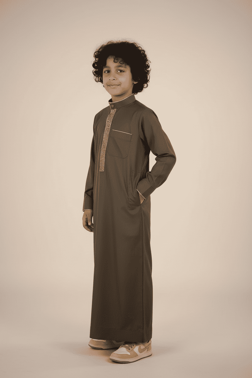 Boys olive green thobe with gold embroidery - product view