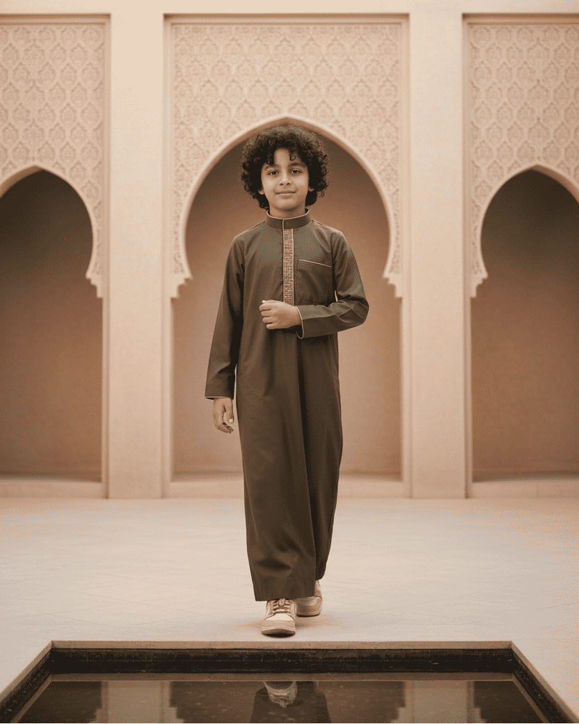 Boys olive green embroidered thobe with mandarin collar - full-length view