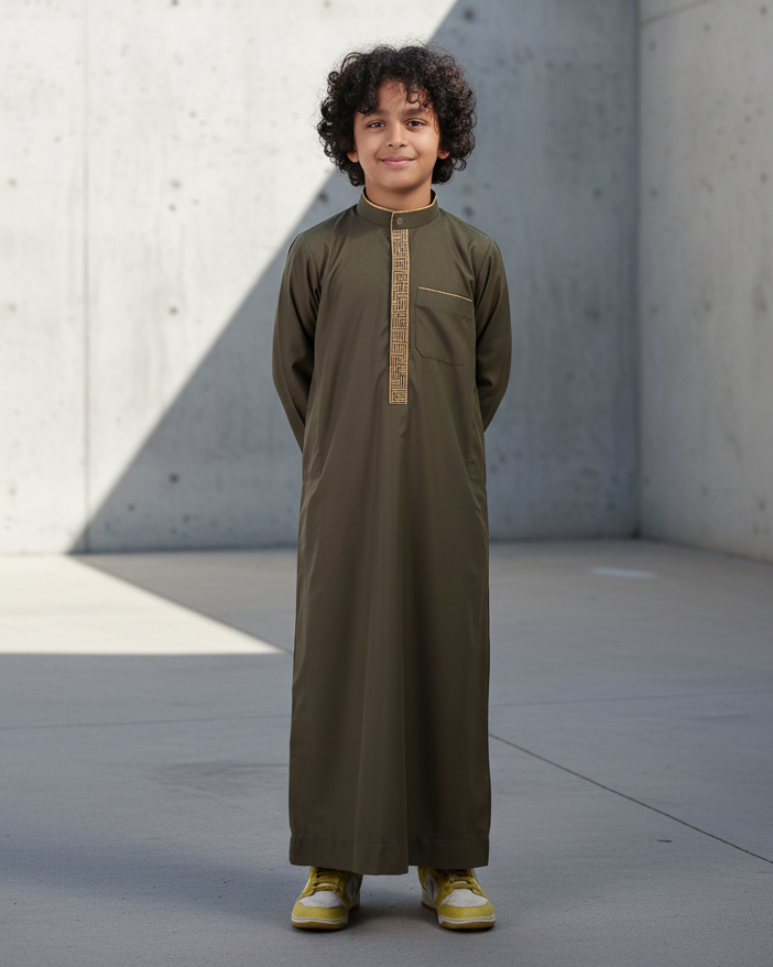Boy's Premium Olive Green & Gold Embroidered Mandarin Collar Thobe