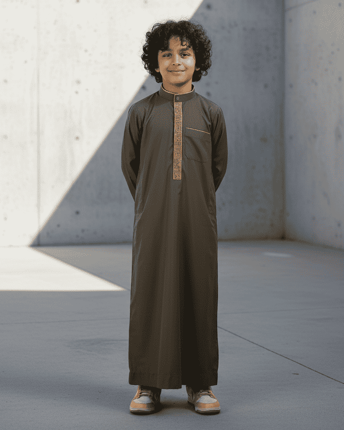 Boys olive green thobe with gold mandarin-collar embroidery - front view