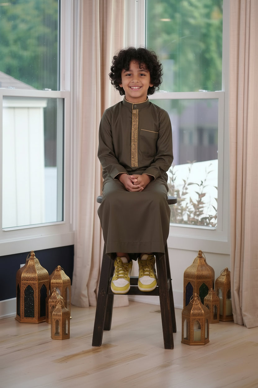 Boy's Premium Olive Green & Gold Embroidered Mandarin Collar Thobe