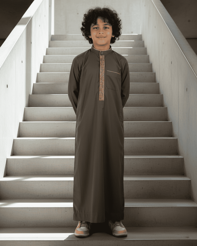 Boys olive green mandarin-collar thobe - side view