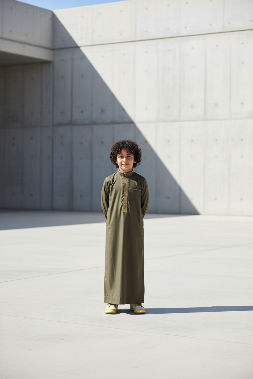 Boy's Premium Olive Green & Gold Embroidered Mandarin Collar Thobe