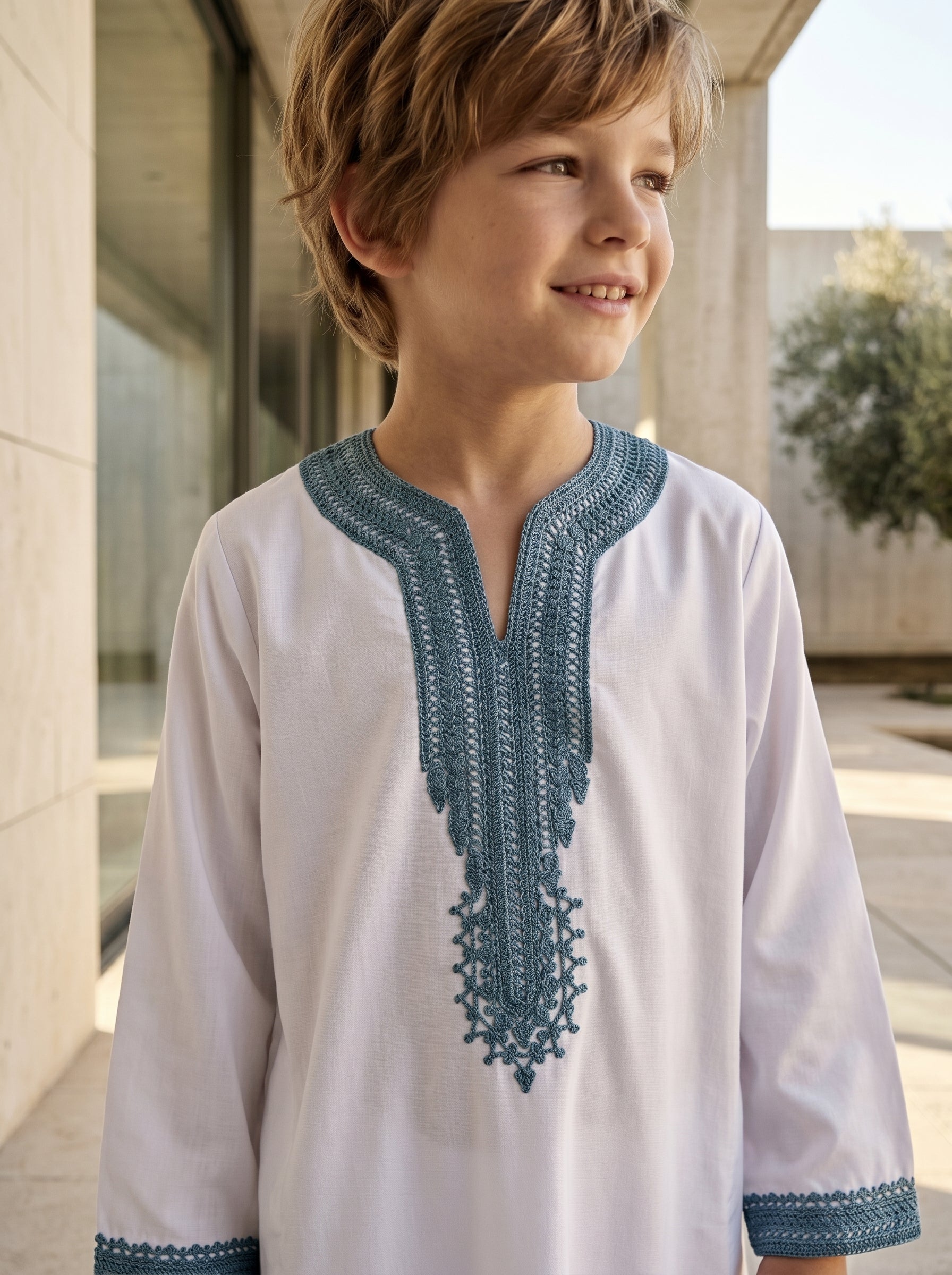 Boys' Premium White Moroccan Gandora with Teal Embroidery