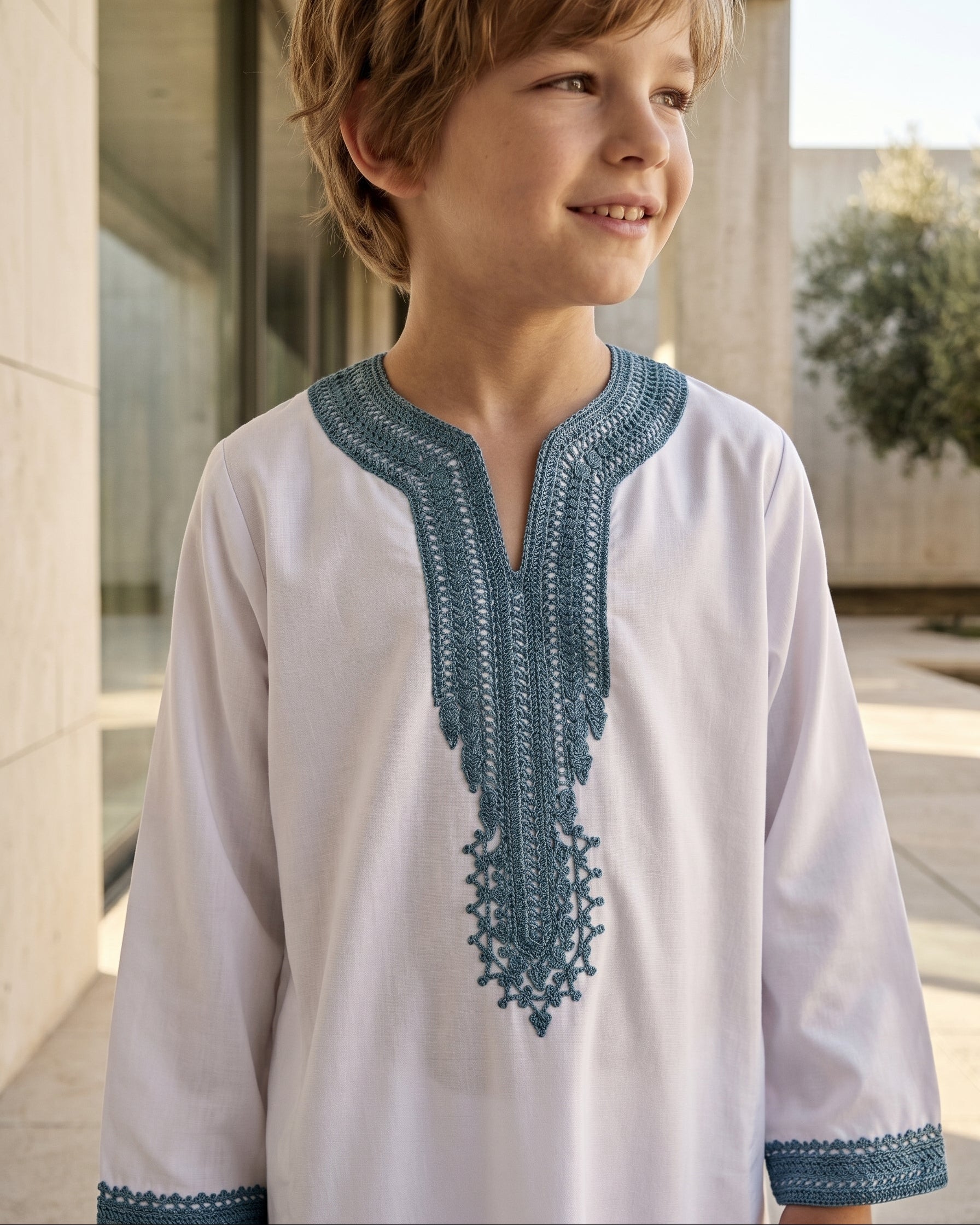 Boys' Premium White Moroccan Gandora with Teal Embroidery