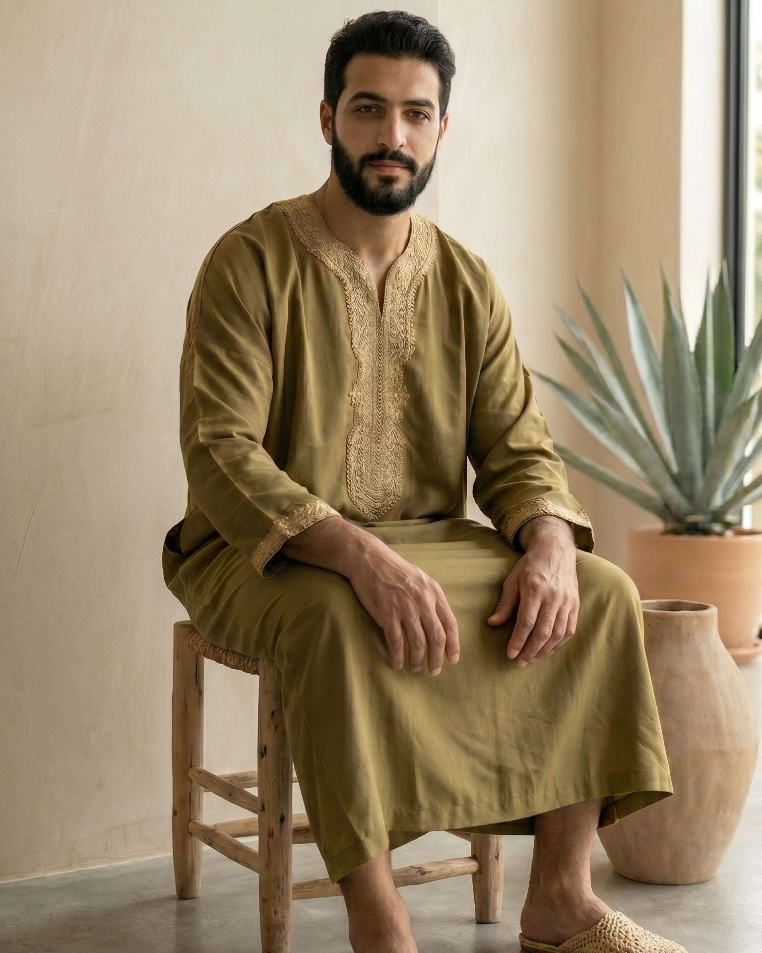 Bronze Moroccan thobe with gold embroidery for men, close-up of the embroidered detailing