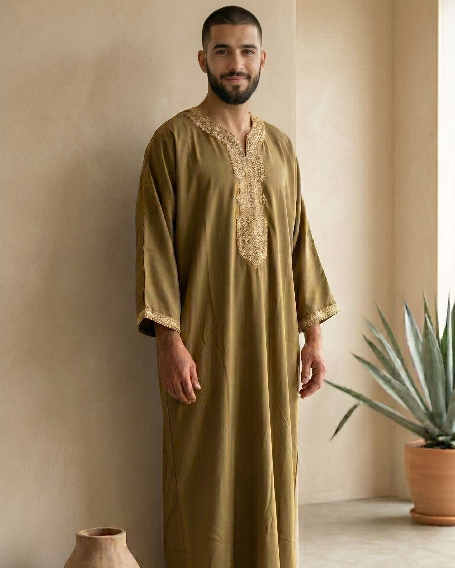 Bronze Moroccan thobe with gold embroidery for men, full front view