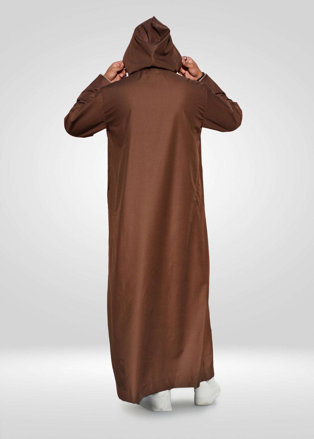 Brown hooded jubba with checkered streetwear for men, hood and drawstring in detail
