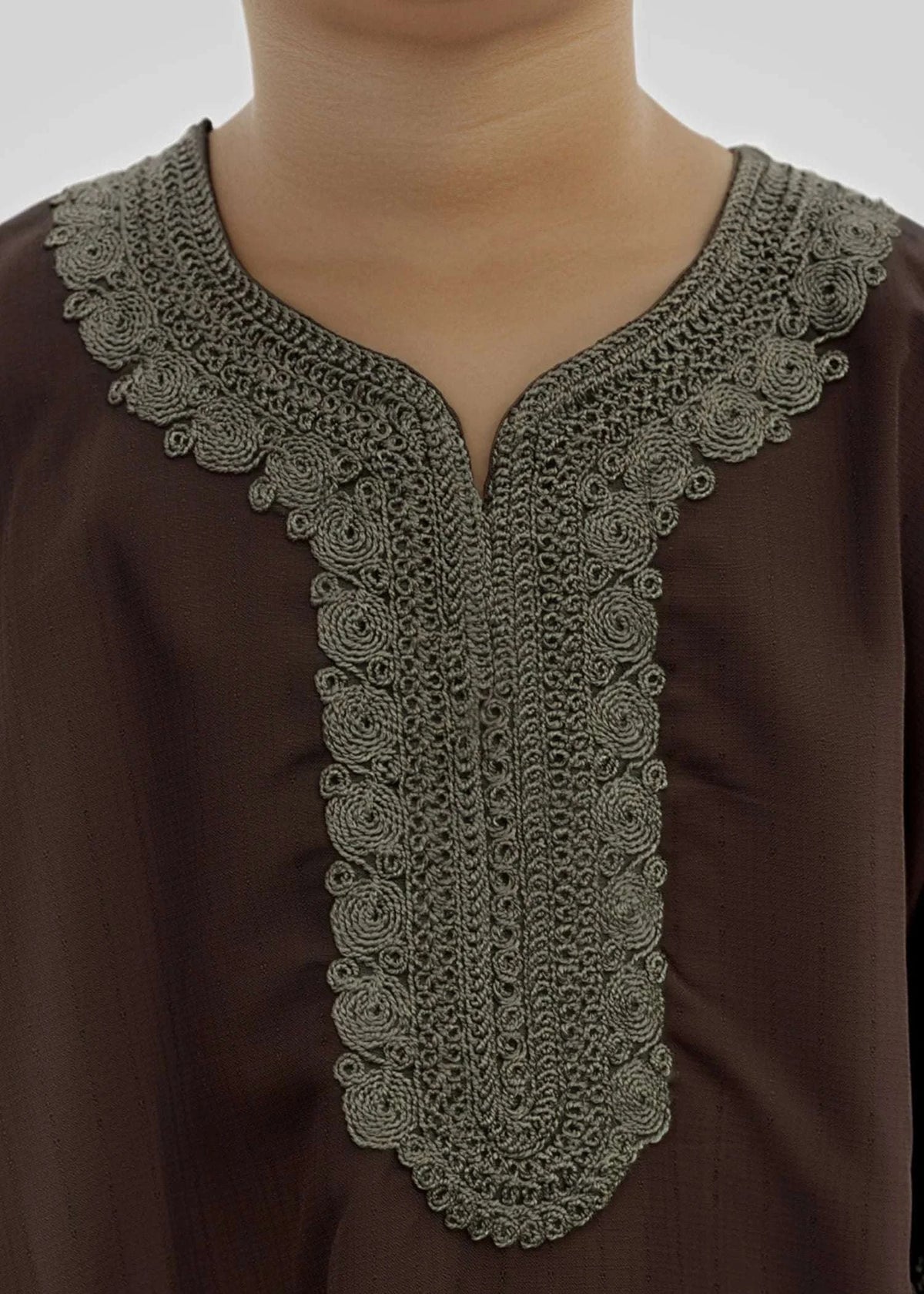 Brown Moroccan thobe for boys, side profile view