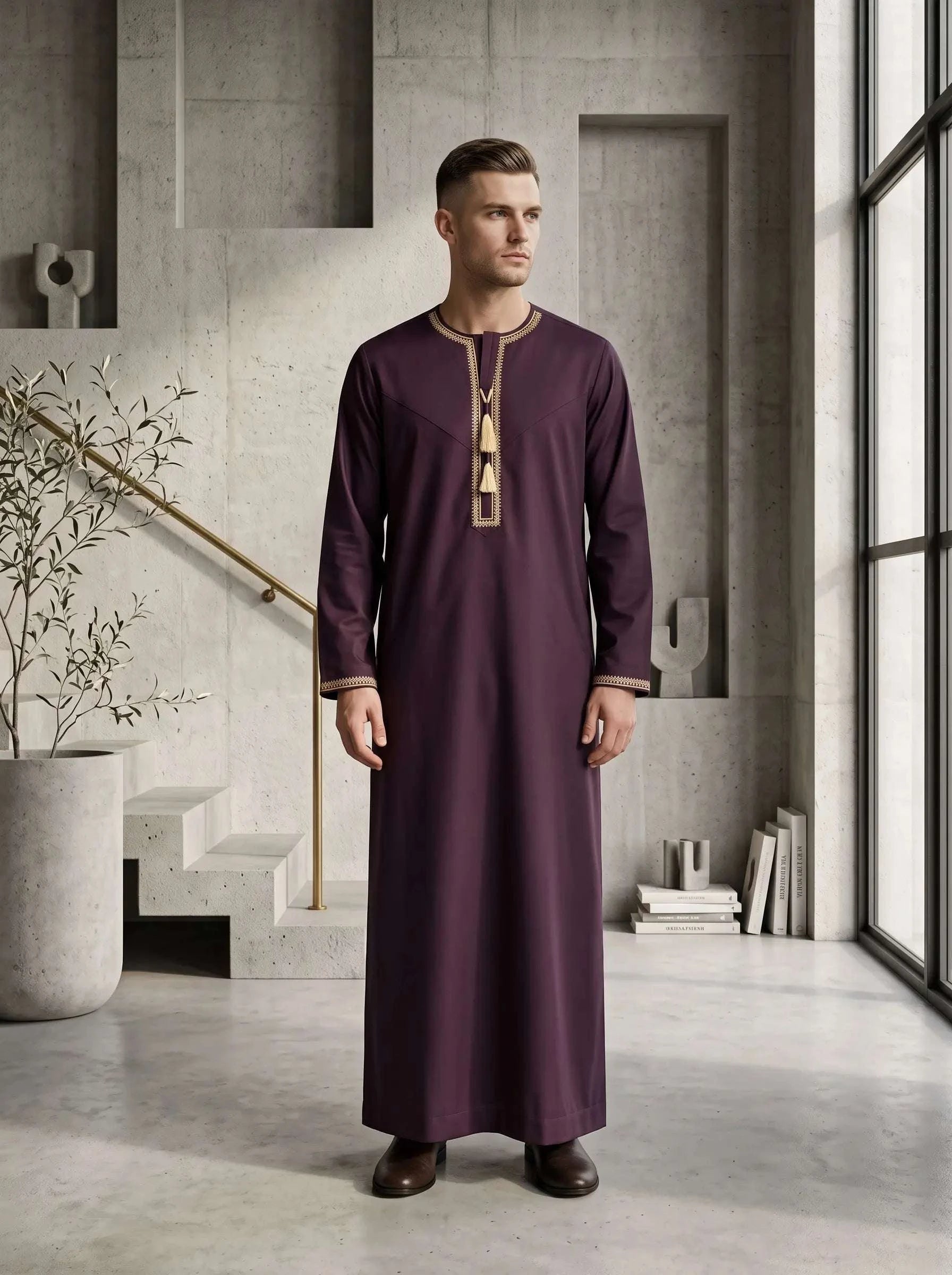 Burgundy Emirati thobe with a V-neck and tarboush for men, full front view