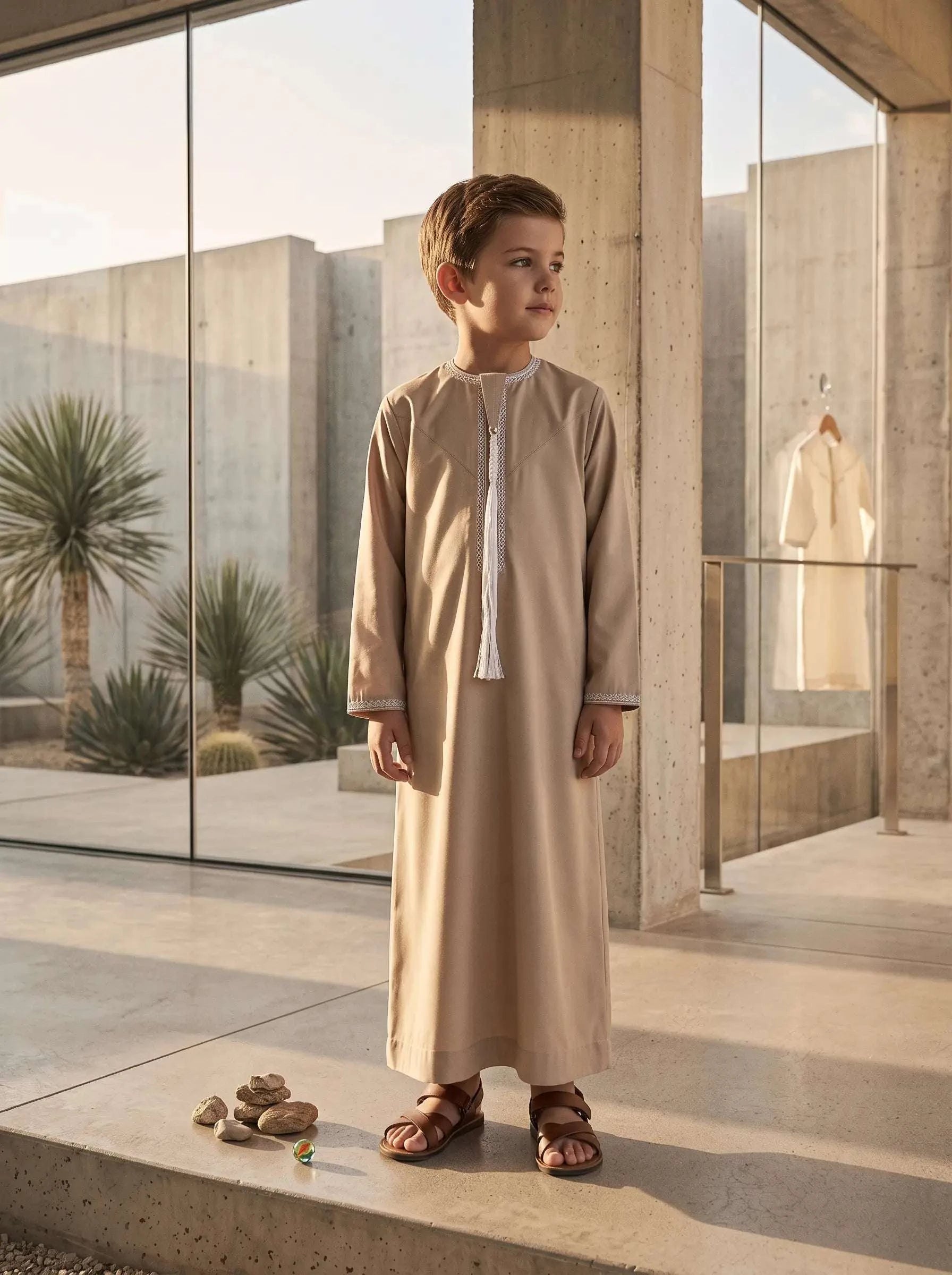 Camel Emirati thobe with tarboush for boys, full front view