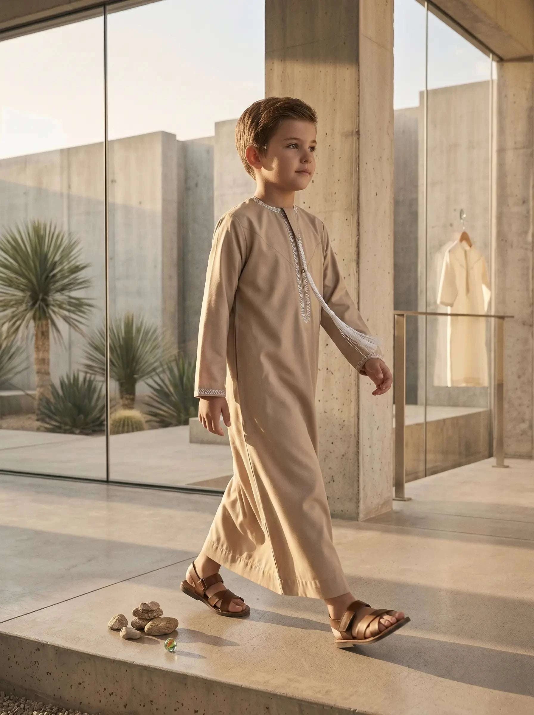 Camel Emirati thobe with tarboush for boys, side profile view