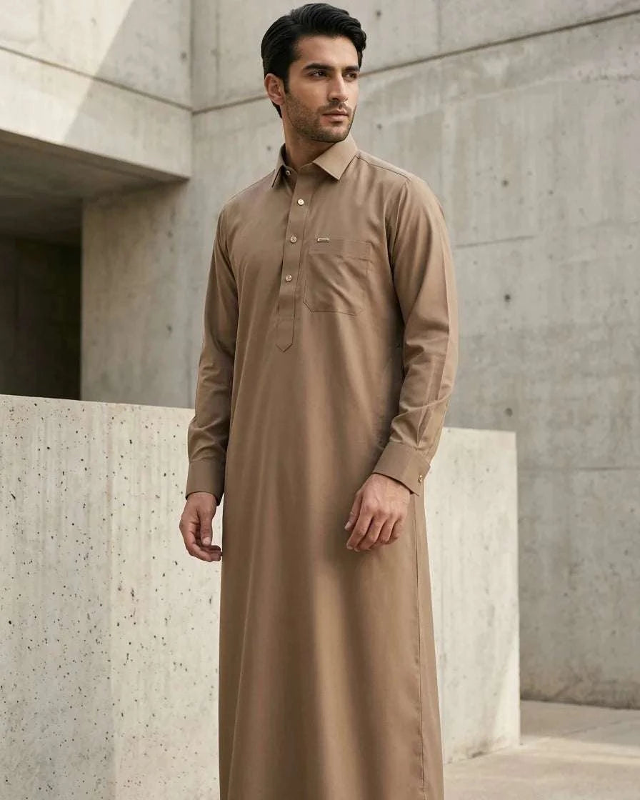 Camel executive thobe with shirt collar for men, a closer look at the finish