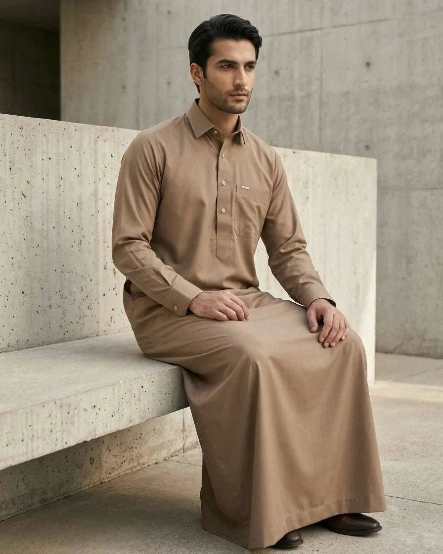 Camel executive thobe with shirt collar for men, showing the length and sleeve line