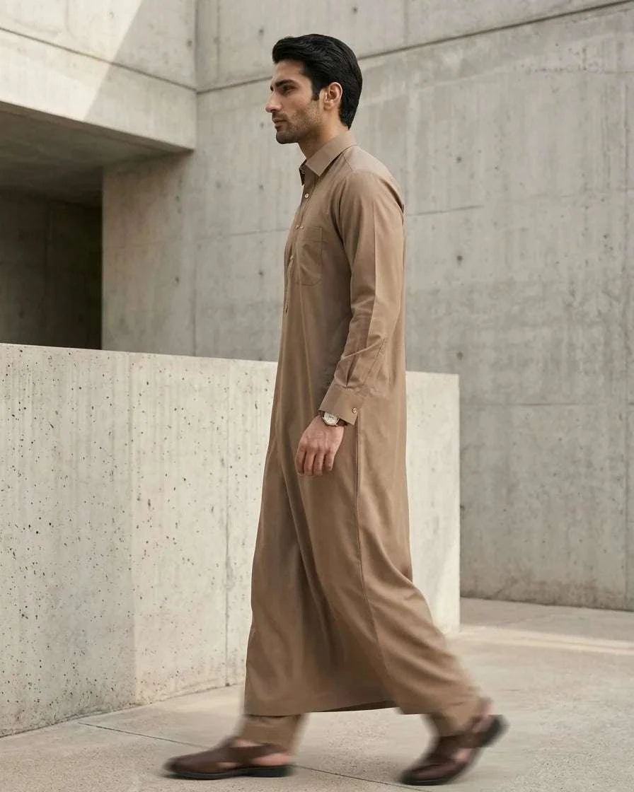 Camel executive thobe with shirt collar for men, buttoned placket in close detail