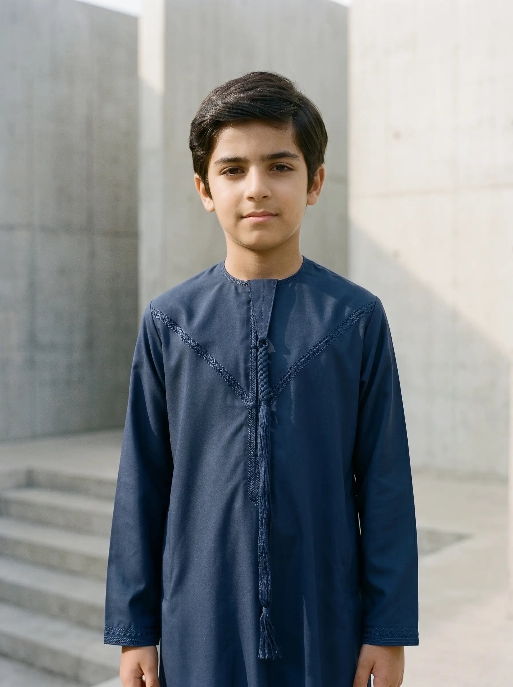 Premium Navy Blue Emirati Thobe for Kids with Braided Tarboush