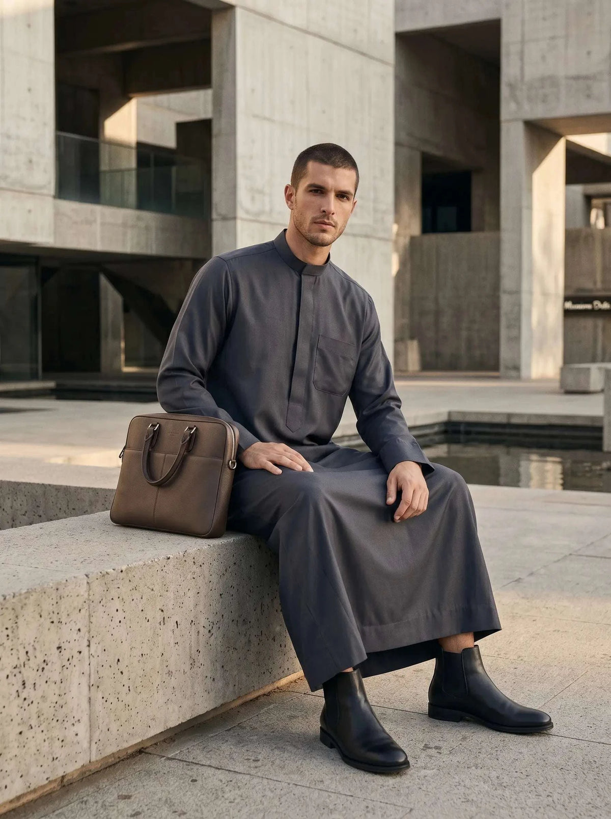 Charcoal minimalist thobe with hidden placket for men, full front view