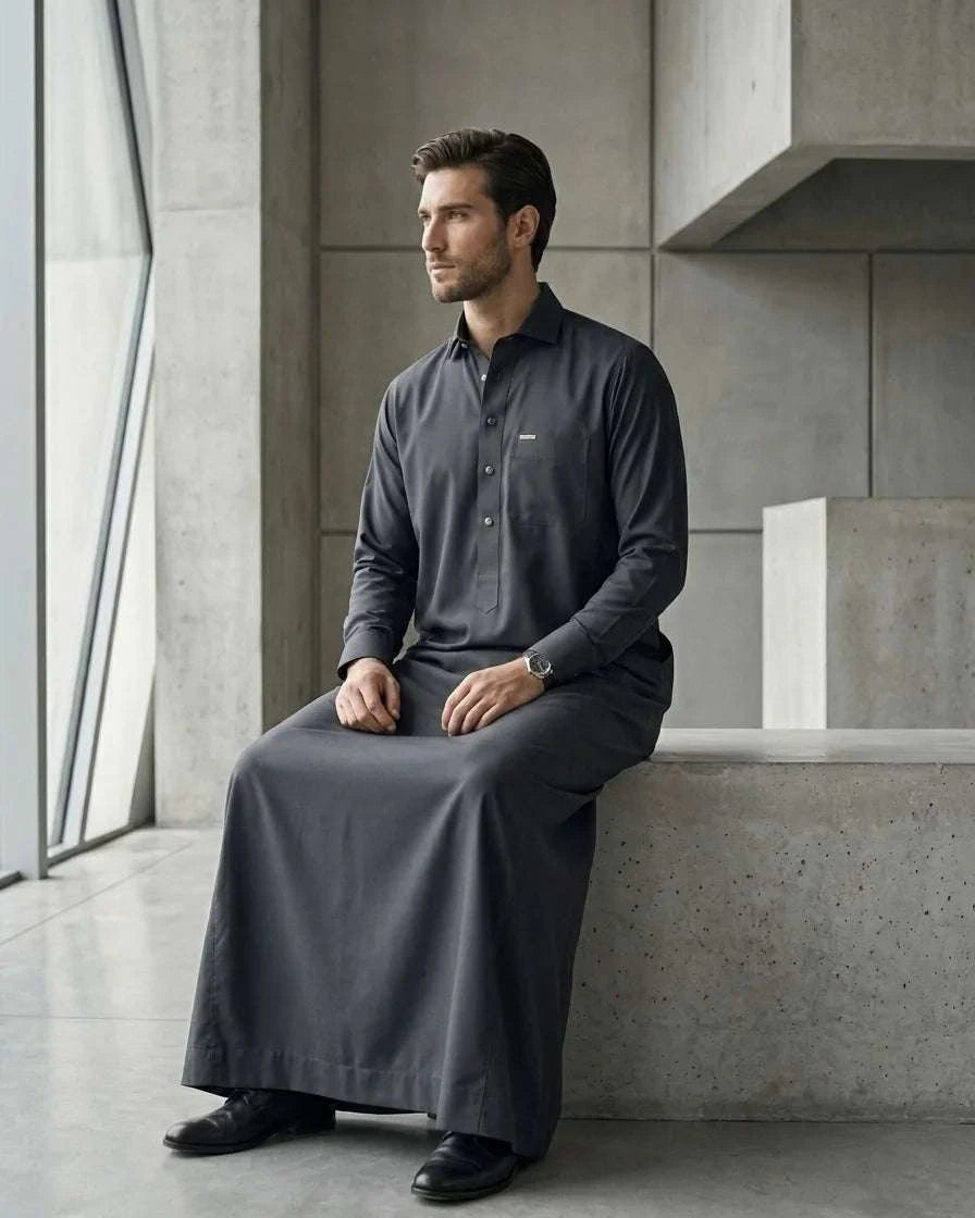 Charcoal thobe with shirt collar for men, buttoned placket in close detail