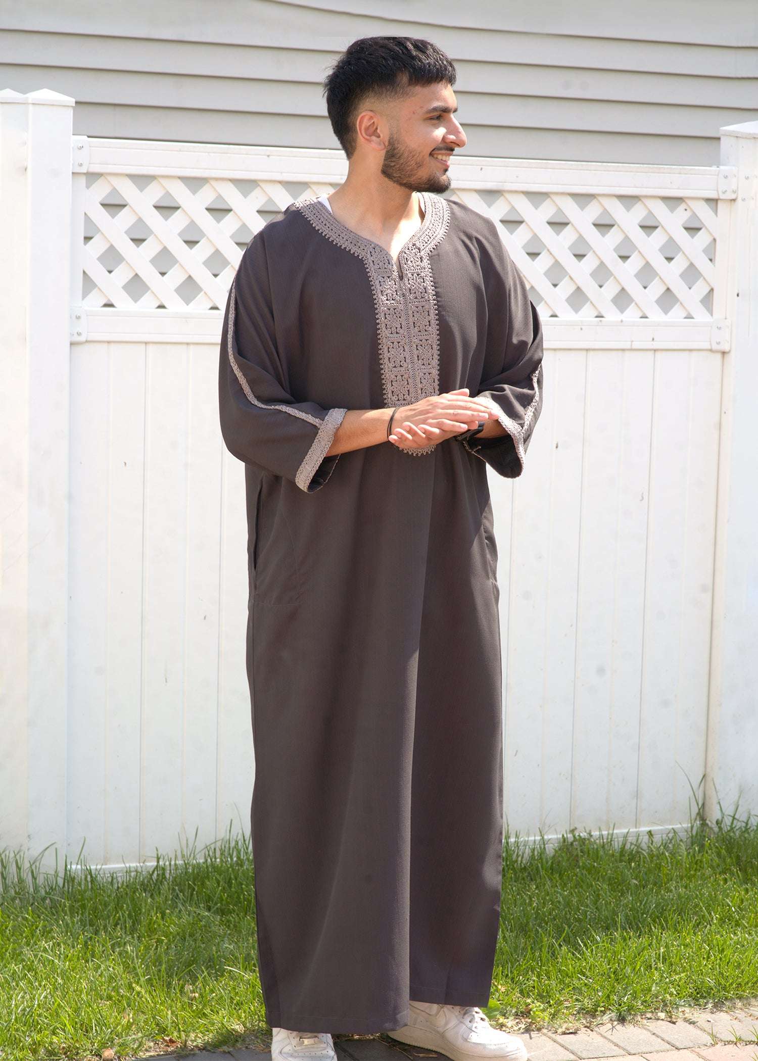 Front view of the Taupe & Silver Moroccan Thobe showing the rich earth tone and relaxed fit