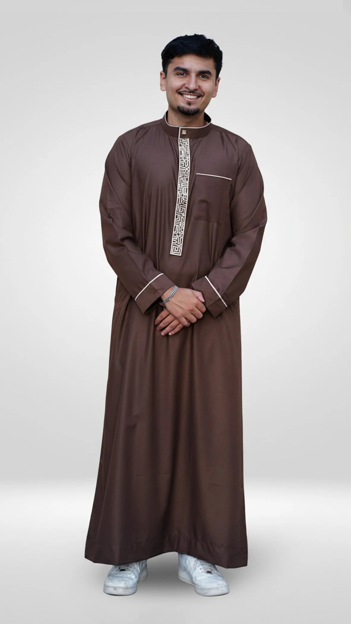 Front view of the Chocolate Brown & Beige Embroidered Thobe showing the deep earth tone and intricate placket
