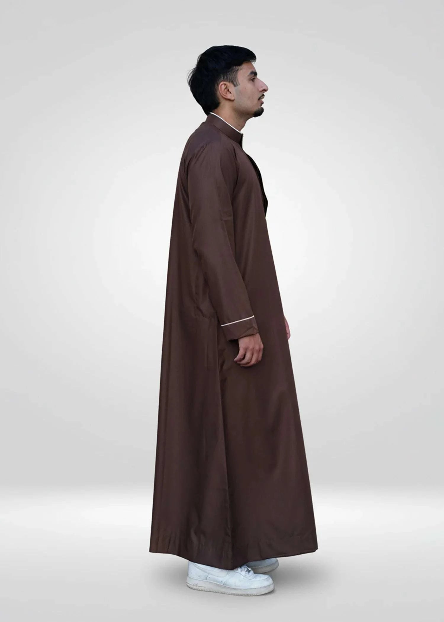 Chocolate brown embroidered thobe with beige mandarin collar for men, back view