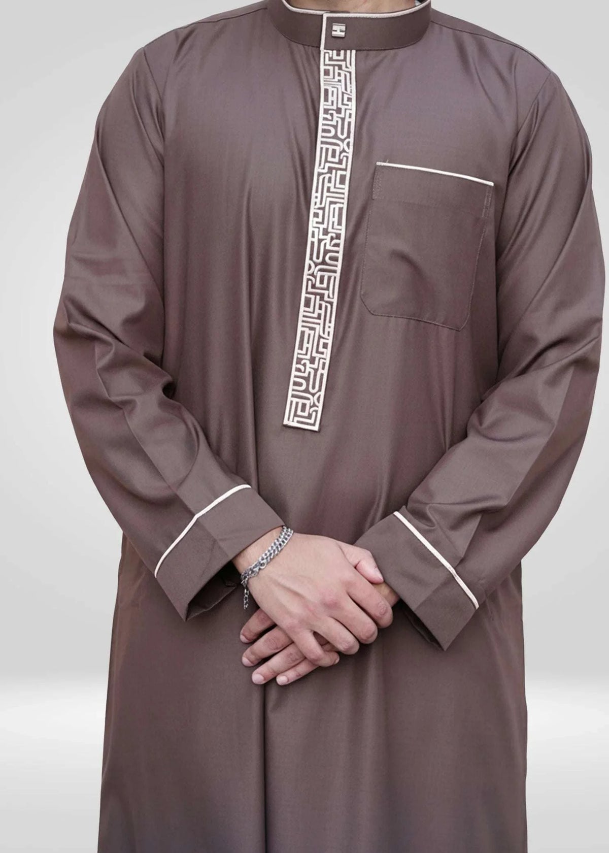 Chocolate brown embroidered thobe with beige mandarin collar for men, buttoned placket detail