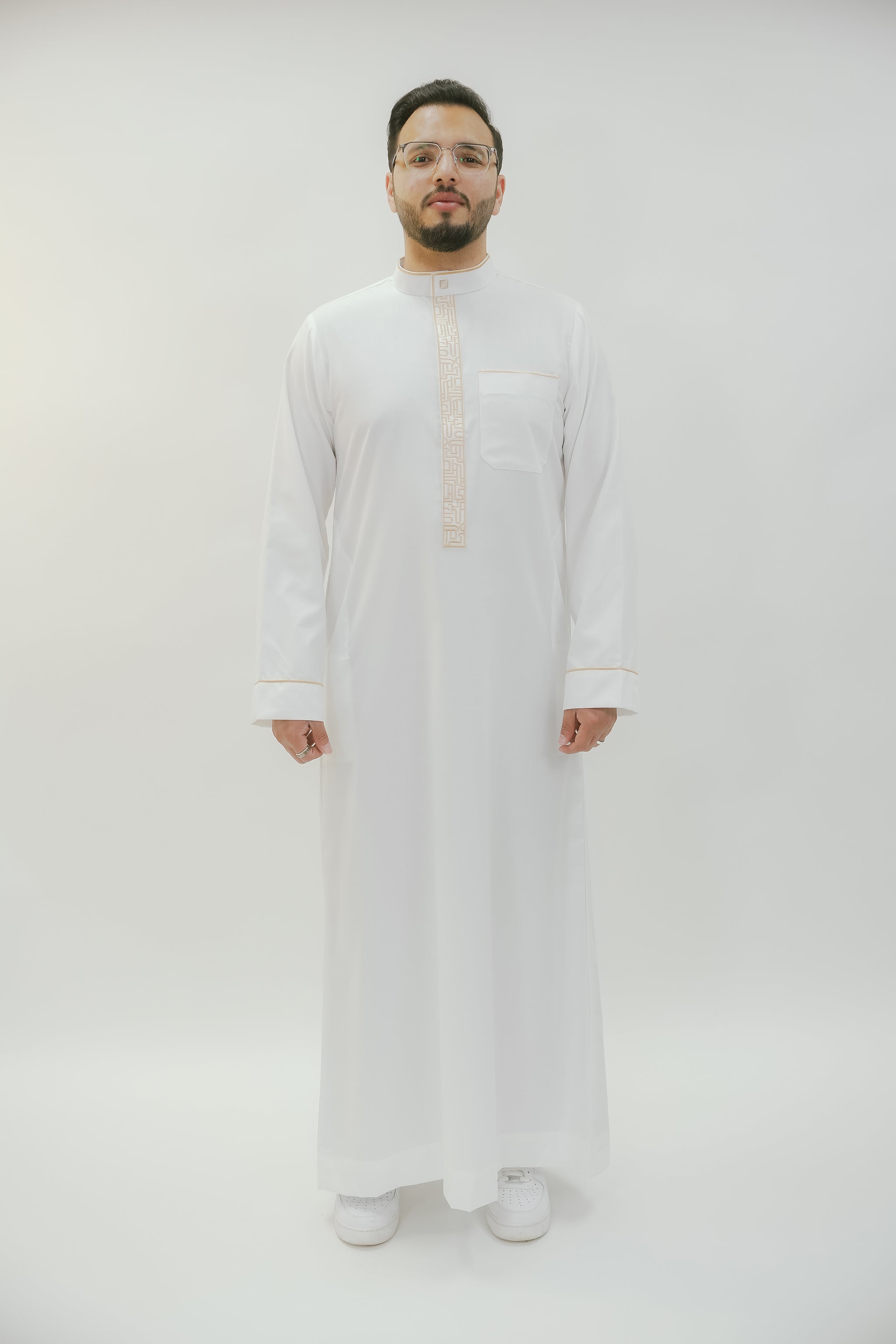 Cream embroidered thobe with gold mandarin collar for men, a further look