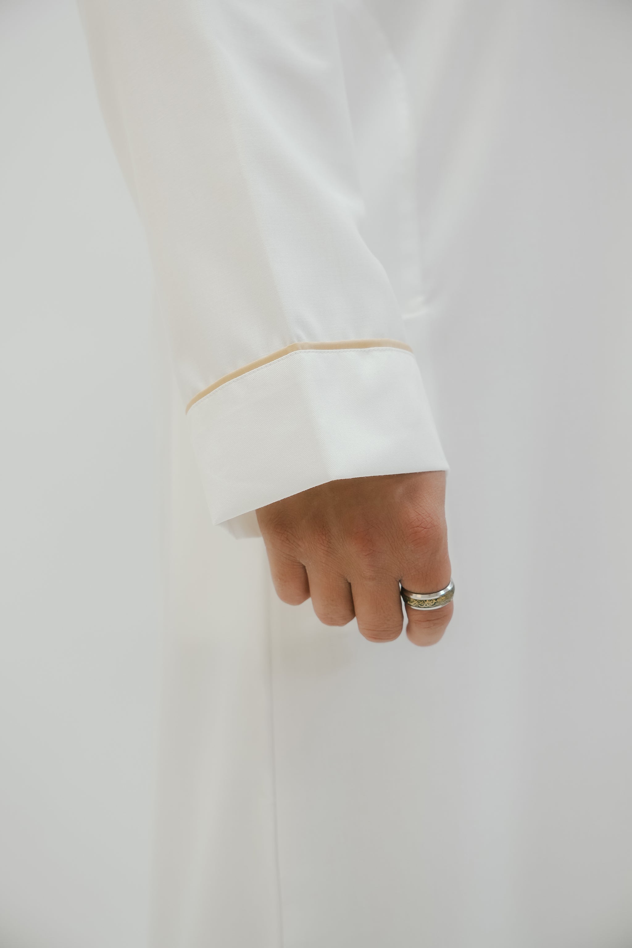 Cream embroidered thobe with gold mandarin collar for men, alternate view of the drape