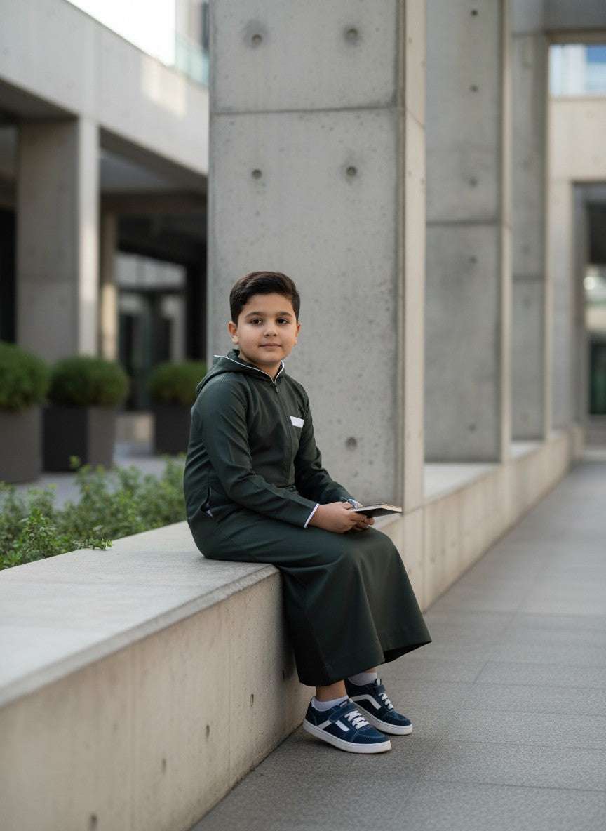 Dark green hooded thobe with athletic half-zip for boys, styled on a model outdoors