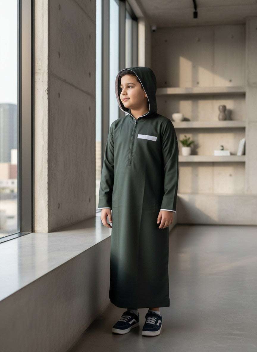 Dark green hooded thobe with athletic half-zip for boys, modeled outdoors in daylight