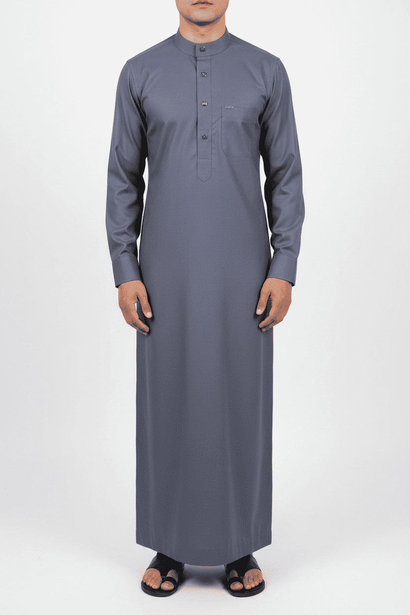 Dark slate gray thobe with formal button-down for men, full front view