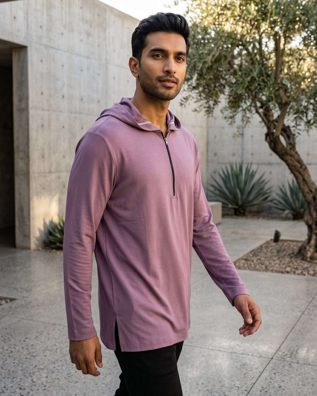 Dusty mauve hooded kurta with jersey half-zip for men, worn by a model outdoors