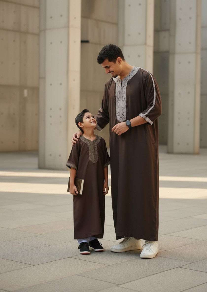 Espresso brown Moroccan thobe for men and boys, father and son pair