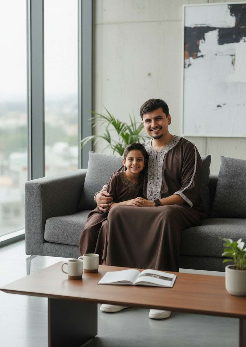 Espresso brown Moroccan thobe for men and boys, showing the length and sleeve line