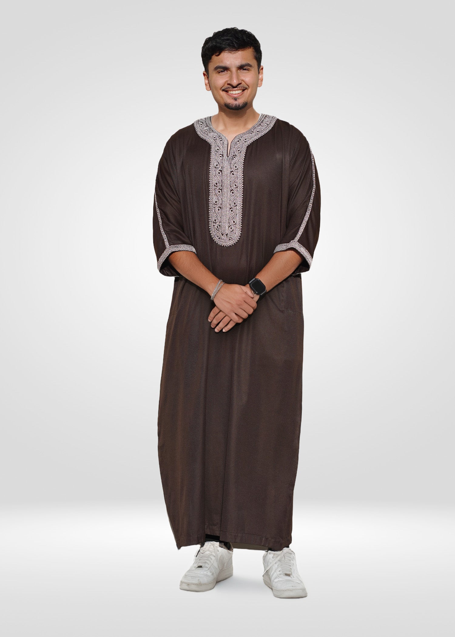 Front view of the Espresso Beans Moroccan Thobe showing the deep brown color and relaxed fit