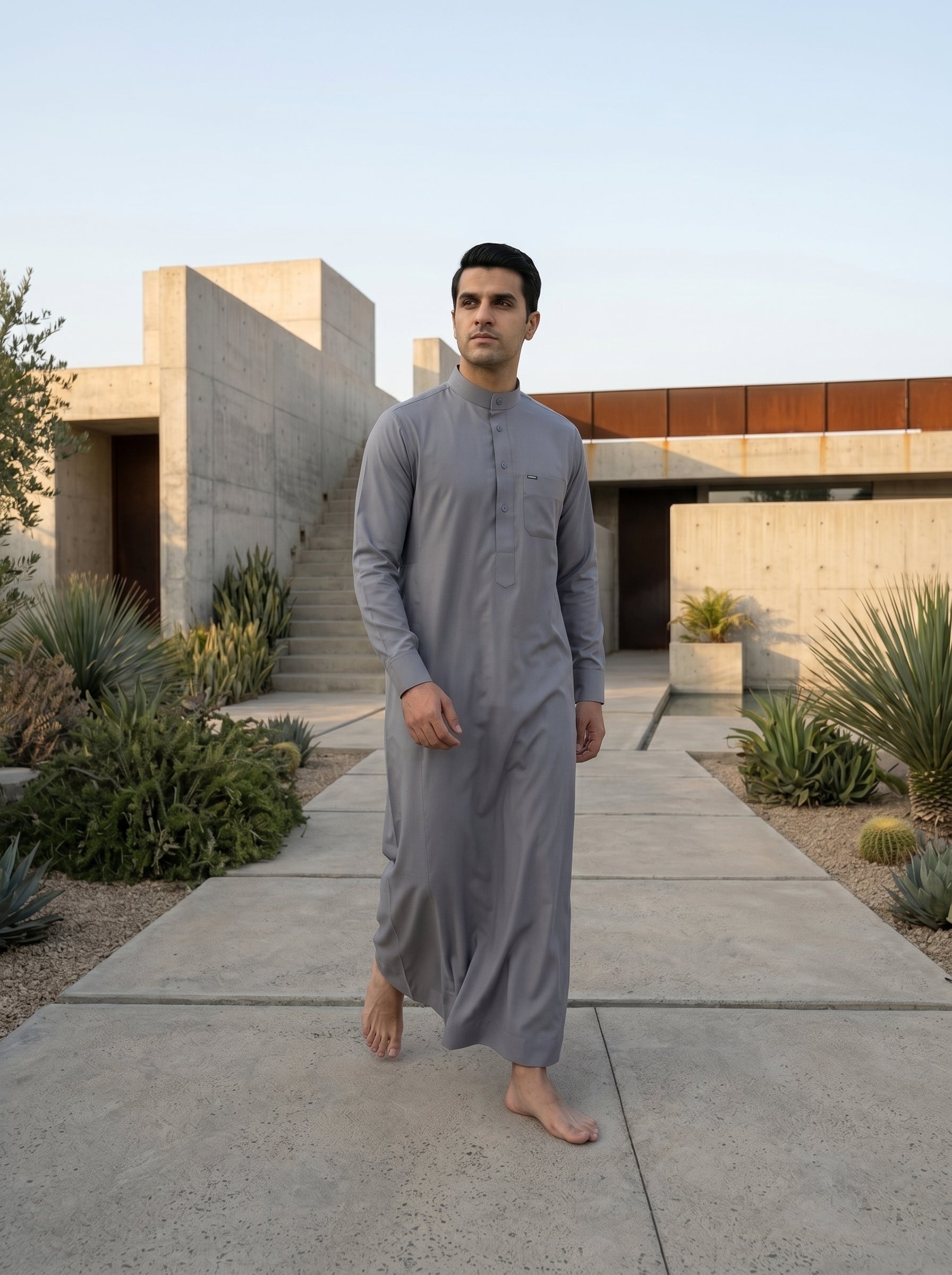 Premium men's grey thobe for Eid ul Adha. Discover modern Islamic clothing for men in the USA with our tailored grey jubba featuring a sleek mandarin collar and front pocket. The Topi Wala offers high-end modest menswear, Sunnah style fashion, and exclusive designer thobes. Perfect Eid outfit for men with free nationwide shipping across the USA and local pickup in Glendale Heights, Chicago IL. Shop top quality men's jubbahs, modern Islamic streetwear, and traditional Muslim clothing online.