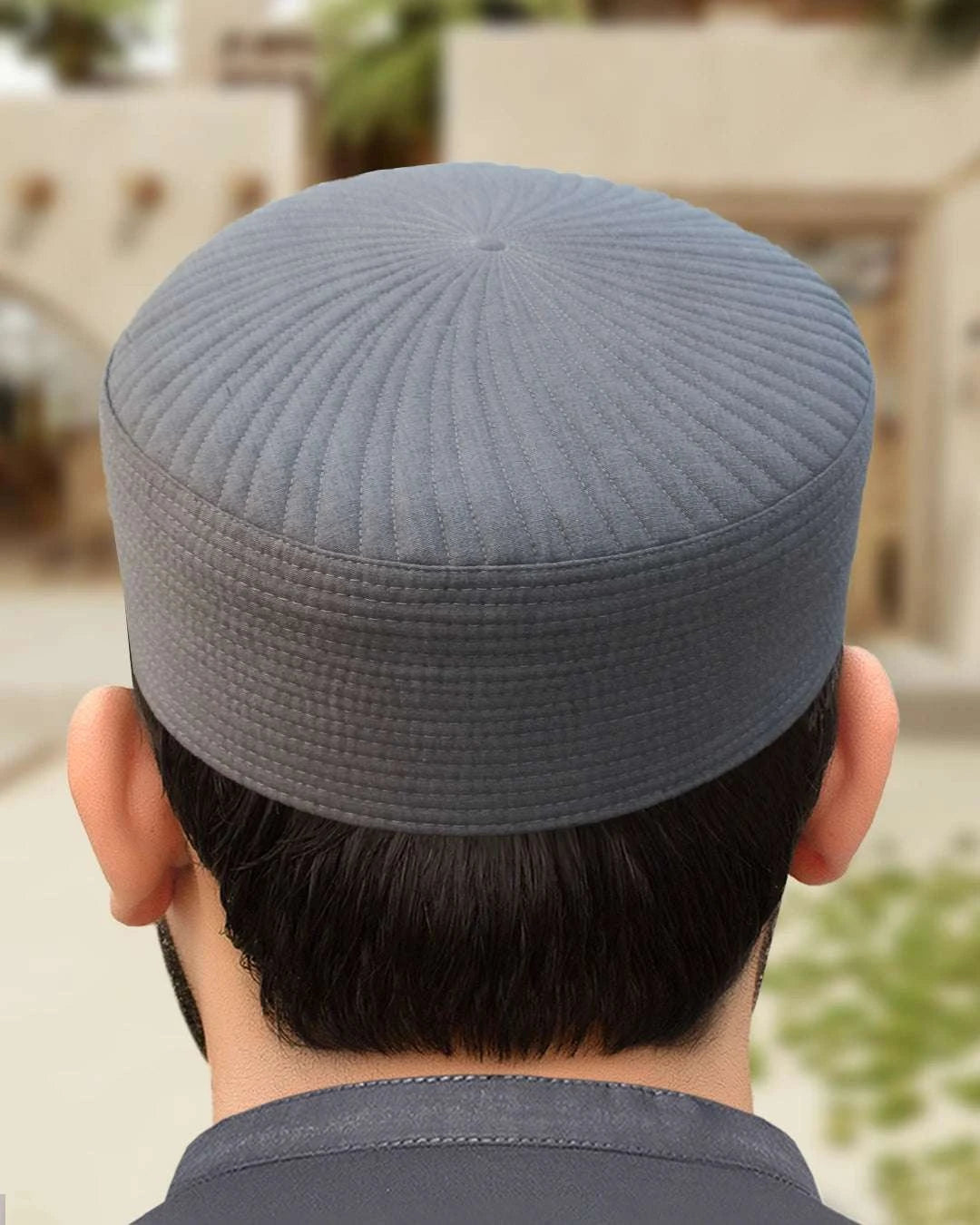 Storm gray lasting-fit kufi prayer cap for men, shown from the side