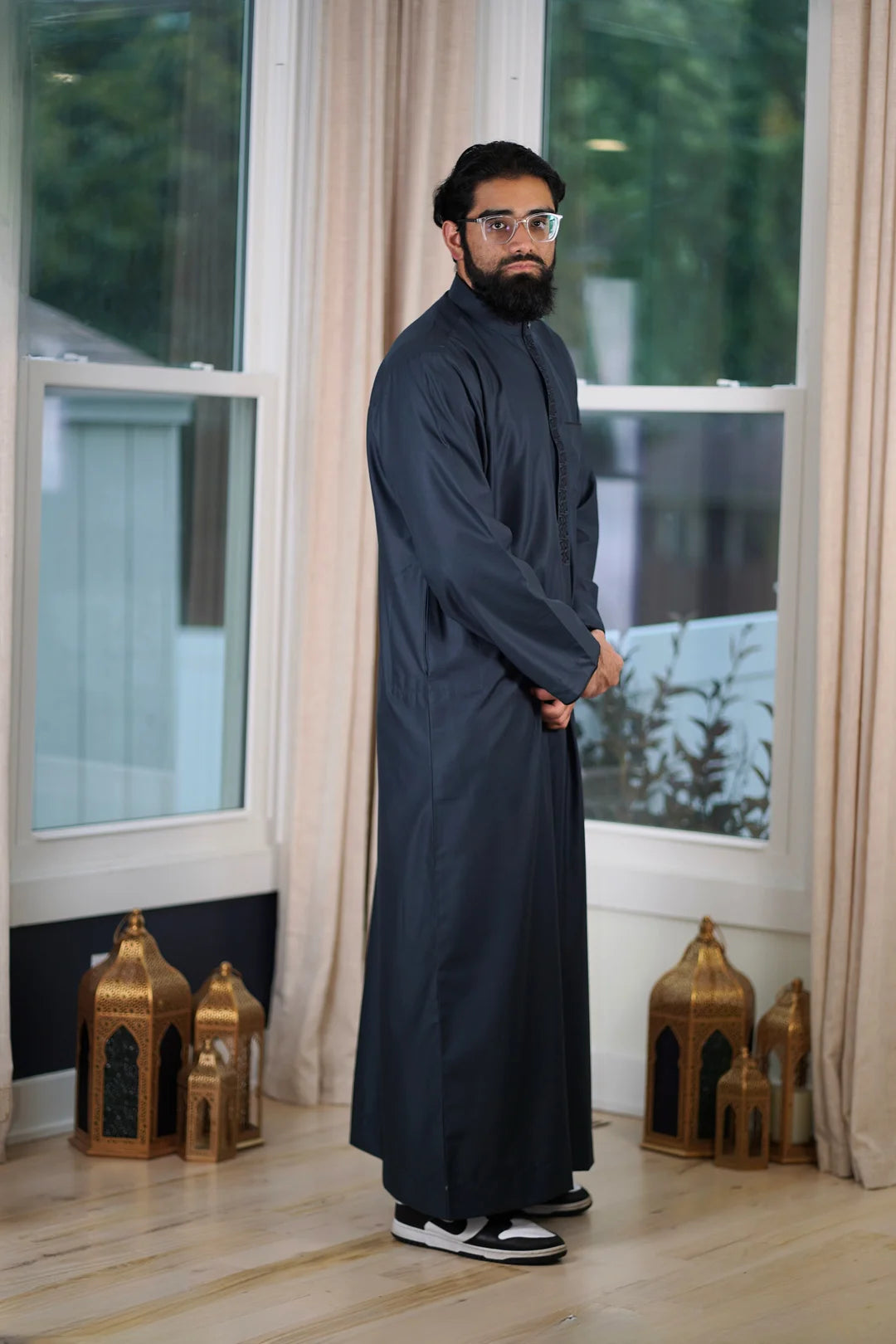 Back view of the Fancy Embroidered Thobe, emphasizing optimal fabric drape and fit for Texas weather.