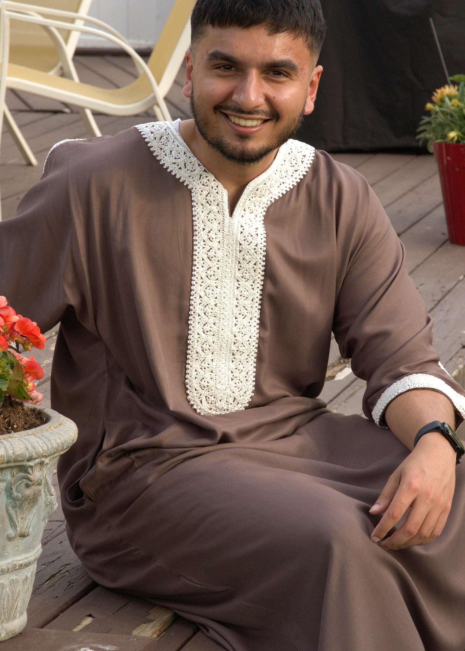 Back view of the Taupe & White Moroccan Thobe highlighting the clean silhouette and soft fabric