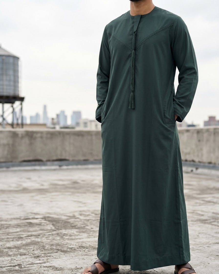 Men's Dark Green Emirati Thobe – Tailored Jubba, side walk, city edge · city rooftop, overcast – The Topi Wala